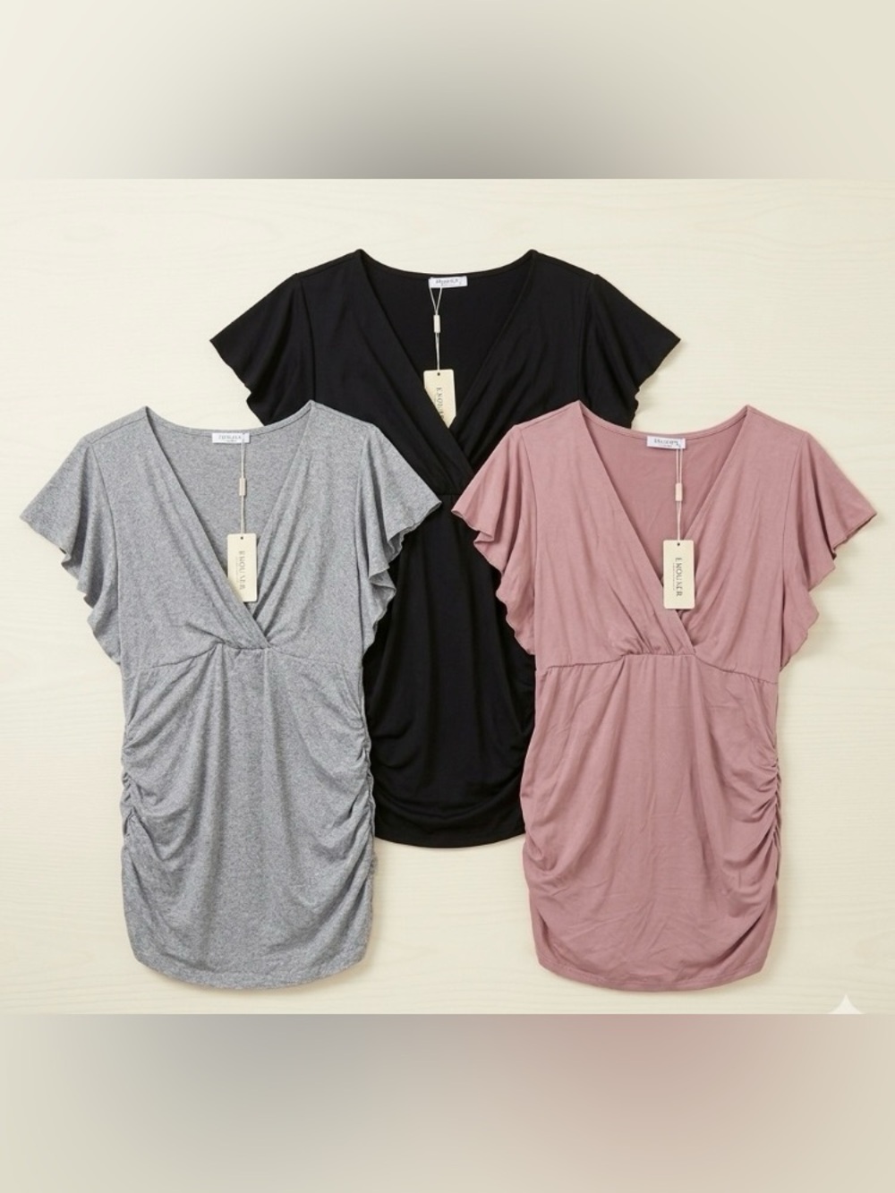NWT Ekouaer Maternity Nursing Tops 3 Pack Flutter Sleeve V Neck Shirred Womens M